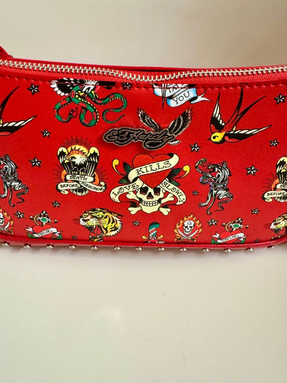 Ed Hardy Red Tattoo Print Baguette Bag Convertible Crossbody Chain Strap NWT